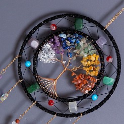 7 Chakra Tree of Life Natural Gemstone Chips Hanging Suncatchers&nbsp;HJEW-F023-02
