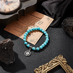 Synthetic Turquoise Beaded Stretch Bracelet with 304 Stainless Steel Compass Charms&nbsp;BJEW-OC0001-17