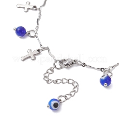 Handmade Evil Eye Lampwork & 304 Stainless Steel Cross Tassel Bar Link Chain Anklets for Women&nbsp;AJEW-AN00741-02