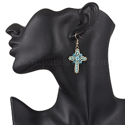 304 Stainless Steel Glass Seeds Cross Dangle Earrings&nbsp;EJEW-MZ00506-06