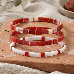 Handmade Red and White Glass Beaded Stretch Tile Bracelet Sets&nbsp;MA5695