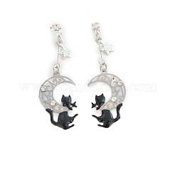 Enamel Cat with Moon Dangle Stud Earrings with Crystal Rhinestone&nbsp;MOST-PW0001-058B