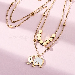 304 Stainless Steel Pave Natural White Shell Elephant Pendant Double Layer Necklaces&nbsp;NJEW-R026-06G