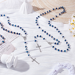 2Pcs Jesus Cross Zinc Alloy Pendant Blue Glass Rondelle Rosary Bead Necklaces for Women Men&nbsp;NJEW-GO0001-11