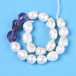 Natural Amethyst Nuggets & Natural Cultured Freshwater Pearl Beads Strands&nbsp;PEAR-N023-01A-07