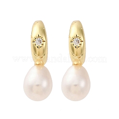 Teardrop Brass Natural Pearl Dangle Stud Earrings&nbsp;EJEW-Q043-02G