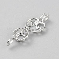 Rhodium Plated 925 Sterling Silver Heart Bead Cage Pendants&nbsp;STER-WH0061-53P