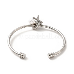 Acrylic Pearl & Cross Charms Open Cuff Bangle&nbsp;BJEW-P283-01P