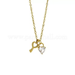 304 Stainless Steel Pave Clear Cubic Zirconia Heart & Key Pendant Necklaces for Women&nbsp;WG37553-01