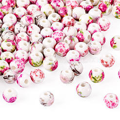 100Pcs 5 Styles Handmade Flower Printed Porcelain Ceramic Beads&nbsp;PORC-TA0001-42A