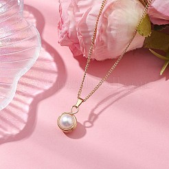 Round Natural Freshwater Pearl Copper Wire Wrapped Pendant Necklaces&nbsp;NJEW-JN04947-01