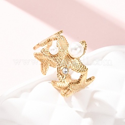 304 Stainless Steel Cubic Zirconia with Plastic Pearls Cuff Open Rings for Women&nbsp;CU-CBAA1FE-01G