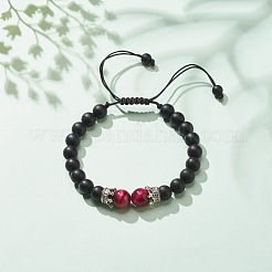 Natural Frosted Dyed & Heated Black Agate & Tiger Eye Braided Bead Bracelet with Alloy Crown&nbsp;BJEW-JB08249-03