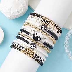 12Pcs Yin-Yang Polymer Clay & Plastic & Alloy Beaded Bracelets&nbsp;BJEW-JB10227