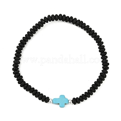 Natural Lava Rock Rondelle & Synthetic Turquoise Cross Beads Stretch Bracelets for Women&nbsp;BJEW-JB12053-03