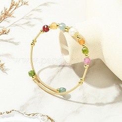 Natural Gemstone & Freshwater Pearl Beaded Copper French Wired Cuff Bangles for Women&nbsp;BJEW-JB13987
