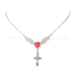 Brass Red Wing Heart with Cross Pendant Cable Chain Necklaces for Women&nbsp;NJEW-JN05909