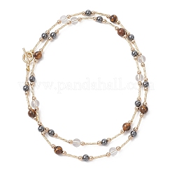 Round Synthetic Non-Magnetic Hematite & Quartz Crystal & Natural Tiger Eye and Glass Twisted Bugle Beaded Necklaces&nbsp;NJEW-JN05726
