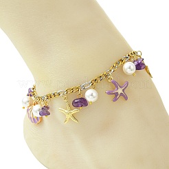 3Pcs 3 Styles Ocean Alloy Enamel Starfish Shell Charm 304 Stainless Steel Figaro Chain Anklets with Natural Amethyst & Rose Quartz & Synthetic Turquoise Chip Beads&nbsp;AJEW-AN00883