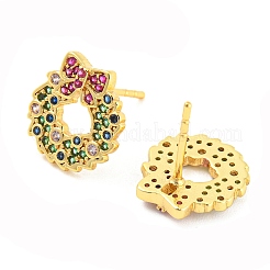 Rack Plating Brass Cubic Zirconia Christmas Wreath Stud Earrings&nbsp;EJEW-K245-48G