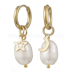 Natural Cultured Freshwater Pearl Rice with Star & Moon Hoop Earrings&nbsp;EJEW-JE06743