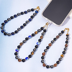 Round Gemstone & Evil Eye Lampwork Beaded Chain Mobile Straps&nbsp;HJEW-AB00365