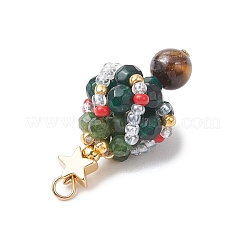 Faceted Round Natural Green Onyx Agate(Dyed & Heated) & Fuchsite & Glass Seed Beaded Christmas Tree Pendants&nbsp;PALLOY-MZ00806