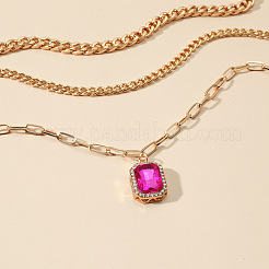 3Pcs Elegant Alloy Fuchsia Rhinestone Rectangle Pendant 3 Layer Necklaces Sets&nbsp;QV2693-1
