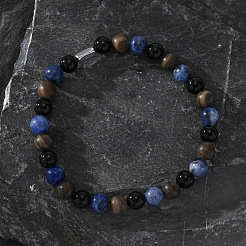 Natural Sodalite & Wood Lace Stone & Black Onyx(Dyed & Heated) Round Beaded Stretch Bracelets for Men&nbsp;DC0477