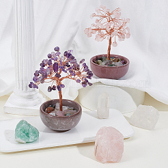 2Pcs 2 Styles Natural Amethyst & Rose Quartz Chips Tree of Life Decorations&nbsp;AJEW-OC0014-06B