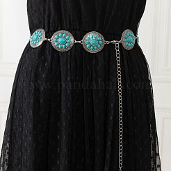 Bohemian Brass Pave Synthetic Turquoise Flat Round with Flower Link Alloy Chain Belts for Women&nbsp;FS-WG72103-01