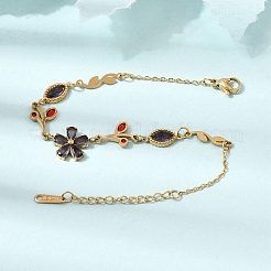 304 Stainless Steel Glass Flower Leaf Link Chain Bracelets&nbsp;SA-CBAF6AD-15G