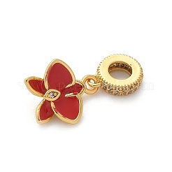 Brass Micro Pave Clear Cubic Zirconia Flower European Dangle Charms&nbsp;KK-C086-03G-02