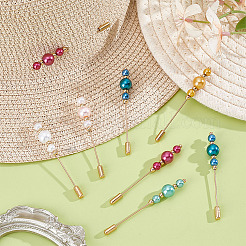 12Pcs 6 Colors Brass & Baking Paint Glass Pearl Round Beads & 304 Stainless Steel Brooches&nbsp;JEWB-HY00007
