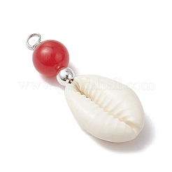 Natural Cowrie Shell & Natural Dyed Malaysia Jade Round Pendants&nbsp;PALLOY-JF03832-02