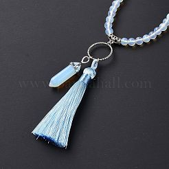 Opalite Bullet & Tassel Pendant Necklace with Mixed Gemstone Beaded Chains&nbsp;NJEW-E585-02F