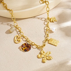 304 Stainless Steel Flower Heart Tree & Plastic Pearl & Resin Disc Multi-Charm Bib Necklaces for Women&nbsp;WG8B7B1-01