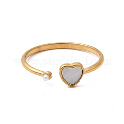 304 Stainless Steel & Natural Shell & Imitation Pearl Cuff Rings for Women&nbsp;RJEW-G372-01G-01
