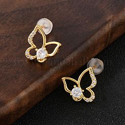 Butterfly Brass Micro Pave Cubic Zirconia Stud Earrings&nbsp;EJEW-B131-07G-03