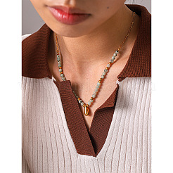 304 Stainless Steel Teardrop Pendant Natural African Turquoise(Jasper) Round Beaded Necklaces for Women&nbsp;WGE7304-01