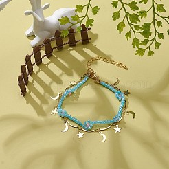 Brass Moon and Star Charms & Seed Flower Double Layer Multi-strand Bracelet for Women&nbsp;BJEW-JB08849