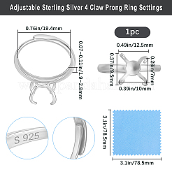 1Pc Adjustable Rhodium Plated Sterling Silver Finger Ring Components&nbsp;STER-BBC0006-95P
