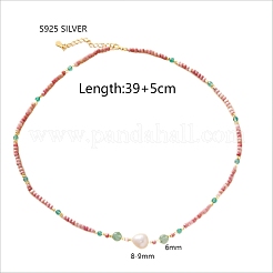 Natural Rhodonite Faceted Rondelle & Green Strawberry Quartz Beaded Natural Freshwater Pearl Nuggets Pendant Necklaces&nbsp;MP0641