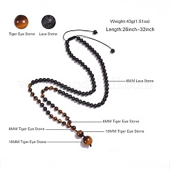 Natural Tiger Eye & Lava Rock Graduated Beaded Round Pendant Adjustable Braided Necklaces for Yoga and Aromatherapy&nbsp;HY9299-5