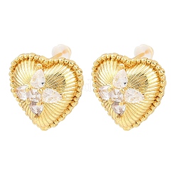 Heart Brass Micro Pave Clear Cubic Zirconia Stud Earrings&nbsp;EJEW-K325-01G