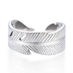 Non-Tarnish 304 Stainless Steel Feather Open Cuff Ring for Women&nbsp;RJEW-N040-30