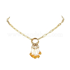 Natural Amber Chip & Natural Freshwater Pearl Beads Tassel Pendant Brass Paperclip Chain Necklaces&nbsp;NJEW-JN06516