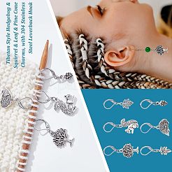 18Pcs 6 Style Hedgehog & Squirrel & Leaf & Pine Cone Tibetan Style Charms Locking Stitch Marker&nbsp;HJEW-PH01552