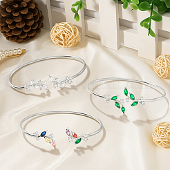 3Pcs 3 Colors Elegant Brass Cubic Zirconia Leaf Cuff Bangles for Women&nbsp;BJEW-GO0003-01P