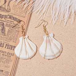 Copper Wire Wrapped Natural Scallop Shell Dangle Earring for Women&nbsp;EJEW-JE04721